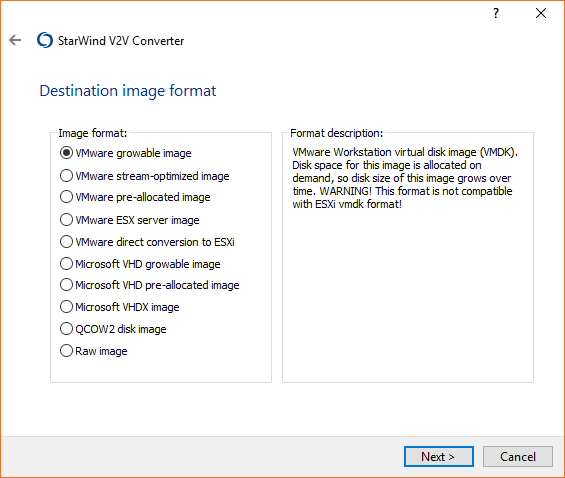 StarWind V2V Converter - Destination image format
