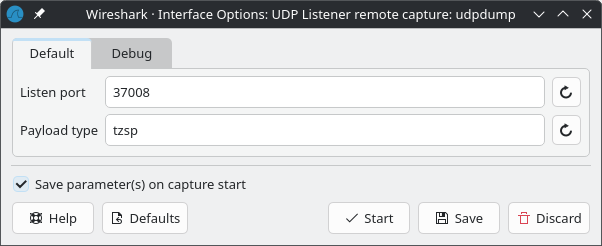 Wireshark UDPdump Config Window