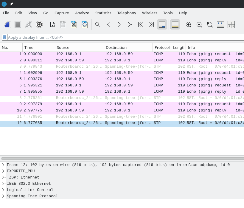Wireshark UDPdump Start Button